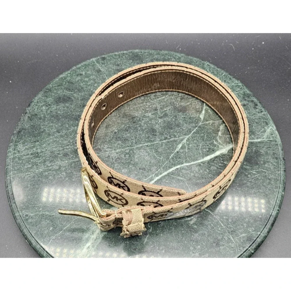 Michael Kors Signature Monogram Logo Canvas Leather Belt Gold Buckle Size L